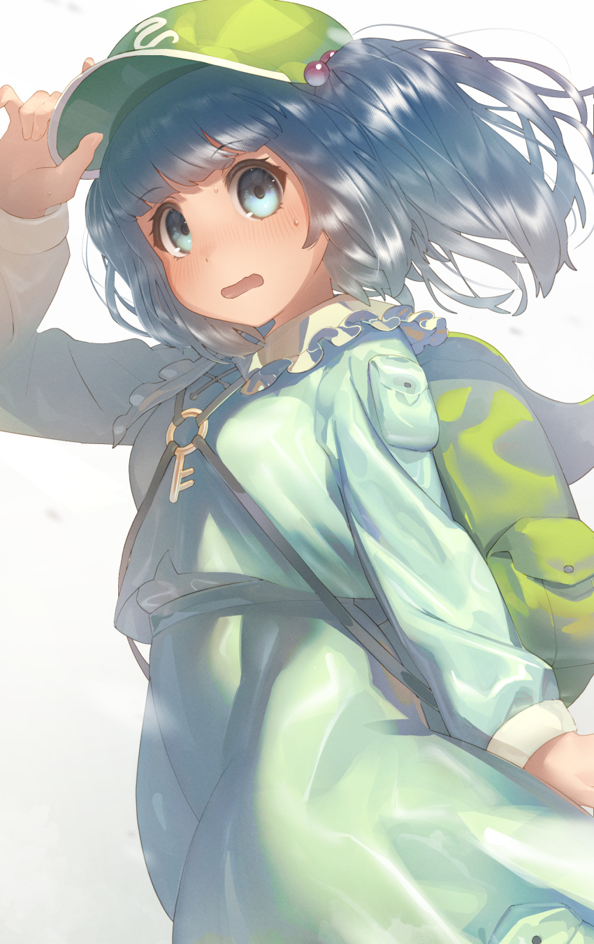 1girl absurdres backpack bag bangs blue_eyes blue_hair blue_shirt blue_skirt blunt_bangs blush breasts eyebrows_visible_through_hair frilled_shirt_collar frills hair_bobbles hair_ornament hand_on_headwear hat highres kawashiro_nitori key looking_at_viewer monosenbei open_mouth shirt short_hair skirt small_breasts solo touhou two_side_up upper_body