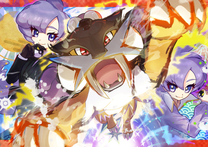 1girl anabel_(pokemon) black_jacket closed_mouth commentary_request eyelashes gloves highres holding holding_poke_ball jacket long_hair poke_ball pokemon pokemon_(creature) pokemon_(game) pokemon_emerald pokemon_rse pokemon_sm purple_hair raikou shirt smile tom_(pixiv10026189) ultra_ball violet_eyes white_shirt