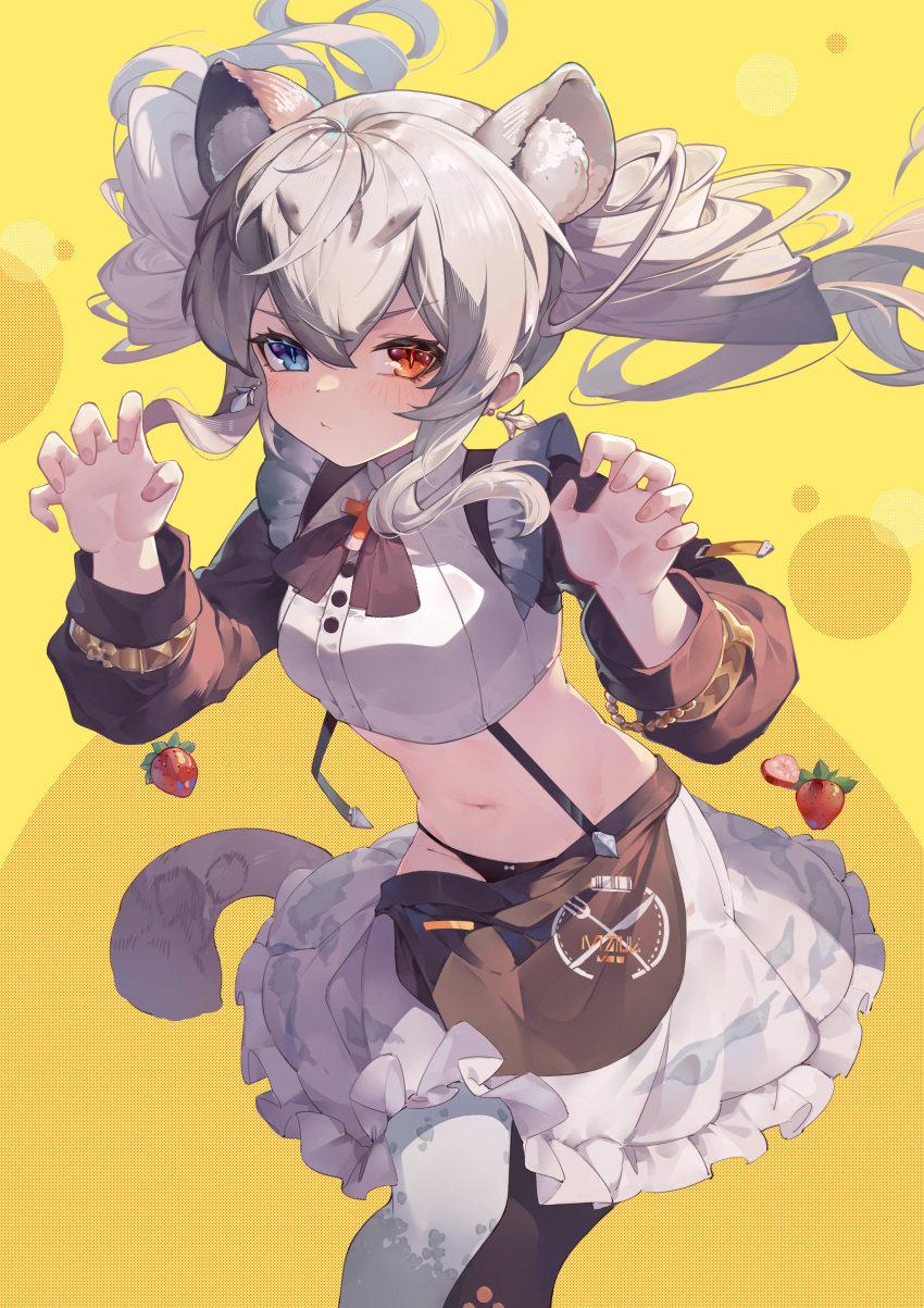 1girl absurdres animal_ear_fluff animal_ears ariakk asymmetrical_gloves bangs black_legwear black_panties black_ribbon blue_eyes blush bracelet breasts character_request claw_pose closed_mouth clothes_pull commentary_request crop_top eating eyebrows_visible_through_hair food frilled_skirt frills fruit gloves heterochromia highres jewelry long_hair long_sleeves looking_at_viewer midriff mismatched_gloves navel neck_ribbon panties pantyhose pantyshot punishing:_gray_raven red_eyes ribbon sidelocks silver_hair simple_background skirt skirt_pull solo stomach strawberry suspender_skirt suspenders tail underwear v-shaped_eyebrows white_legwear white_skirt yellow_background