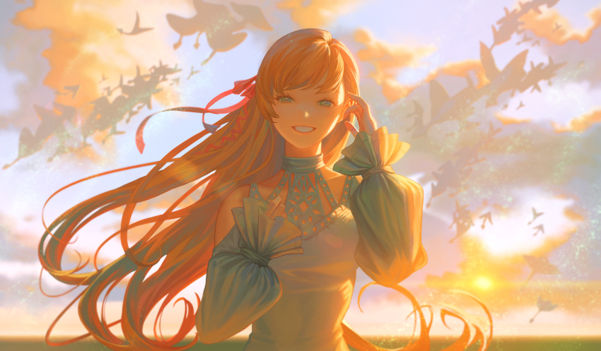 1girl bangs bare_shoulders blue_eyes clothing_cutout clouds collarbone commentary dress final_fantasy final_fantasy_xiv grin hair_ribbon hand_on_own_chest hands_up highres horizon hyur light long_hair long_sleeves looking_at_viewer mixed-language_commentary orange_hair outdoors pink_ribbon puffy_sleeves ribbon ryne shoulder_cutout sky smile solo somu_(dlektha1994) standing sunlight swept_bangs upper_body white_dress