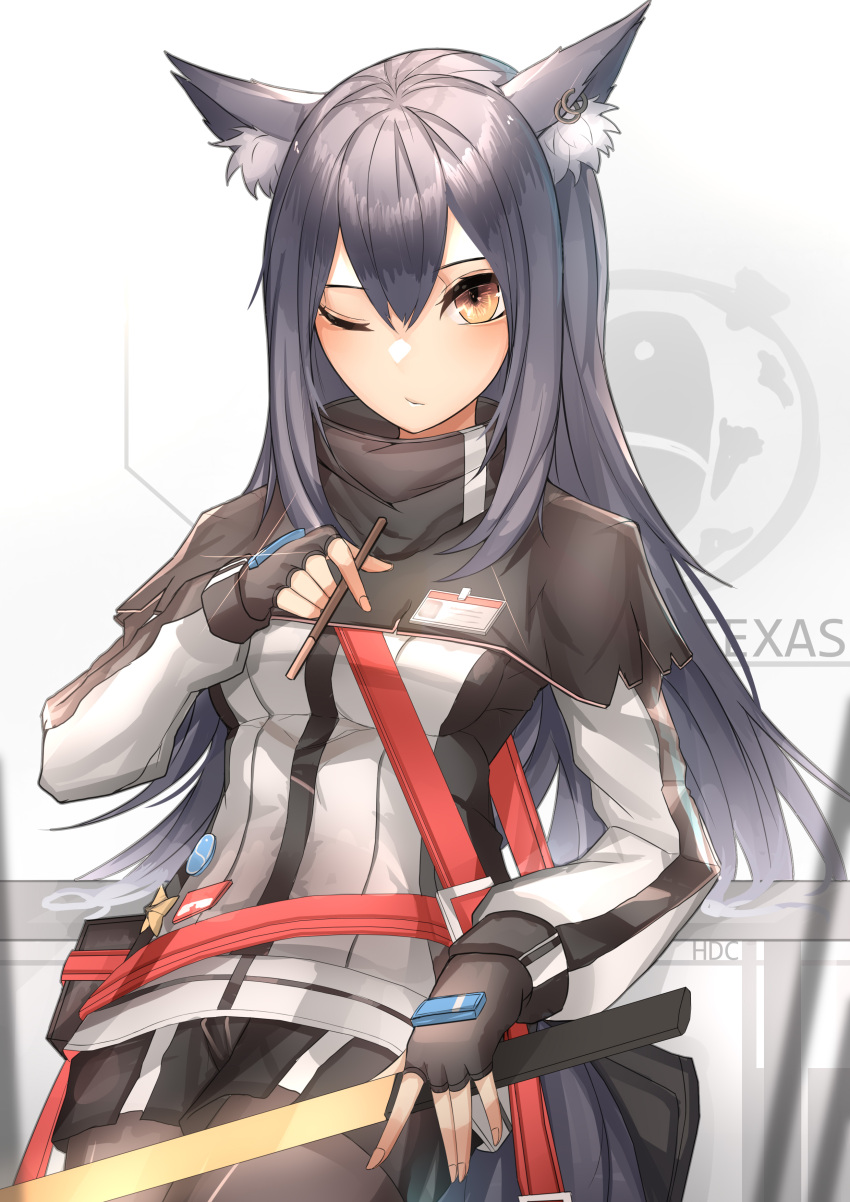 1girl absurdres animal_ear_fluff animal_ears arknights bangs belt black_capelet black_gloves black_hair black_legwear black_shorts breasts brown_eyes capelet character_name cowboy_shot earrings fingerless_gloves food gloves hair_between_eyes high_collar highres holding holding_food holding_sword holding_weapon id_card jacket jewelry long_hair long_sleeves looking_at_viewer one_eye_closed pantyhose penguin_logistics_logo pocky red_belt short_shorts shorts small_breasts solo standing sword texas_(arknights) weapon weyas_kayur white_jacket wolf_ears