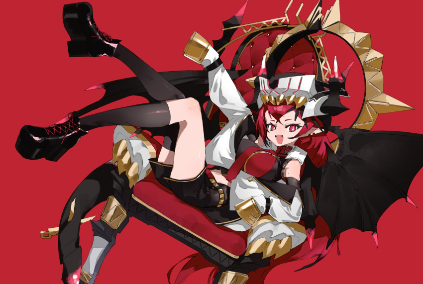 +_+ 1girl arm_up bare_shoulders belt black_footwear black_hair black_horns black_legwear black_tail black_wings bow chair choker demon_girl demon_horns demon_tail demon_wings dutch_angle earrings fangs hat highres horns horns_through_headwear jewelry long_hair mole mole_on_arm multicolored_hair navel necktie open_mouth original orihira pointy_ears red_background red_bow red_eyes red_necktie redhead simple_background sitting sleeves_past_fingers sleeves_past_wrists smile solo studded_belt symbol-shaped_pupils tail thigh-highs throne very_long_hair white_headwear wings