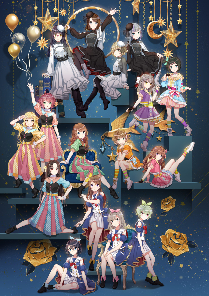 6+girls absurdres akagawa_chisa clothes_lift cue! dress eniwa_airi everyone flower glasses hair_ornament highres hinakura_riko kamuro_aya kano_shiho kujo_yuzuha lolita_fashion long_hair looking_at_viewer maruyama_rie miyaji_mahoro multiple_girls mutsuishi_haruna myojin_rinne short_hair skirt skirt_lift takatori_maika tendo_yuuki toomi_mei tsukii_honoka uniform utsugi_satori yomine_miharu