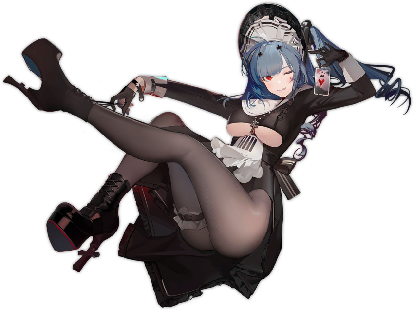 1girl :p azur_lane black_footwear black_gloves black_legwear blue_hair breasts forked_tongue gloves hair_ornament high_heels large_breasts leg_up long_hair long_sleeves looking_at_viewer lying maid maid_headdress marco_polo_(azur_lane) marco_polo_(the_queen_of_hearts)_(azur_lane) nineo official_alternate_costume official_art on_back one_eye_closed pantyhose red_eyes thigh_strap thighs tongue tongue_out transparent_background under_boob wrist_cuffs