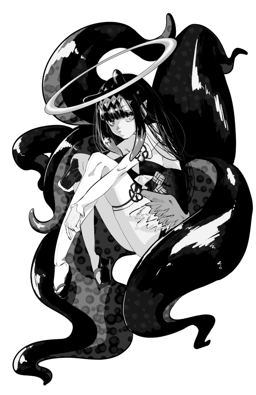1girl bangs curled_up detached_sleeves dress eyebrows flat_chest greyscale halo highres hololive hololive_english looking_at_viewer low_wings monochrome ninomae_ina'nis platform_footwear pointy_ears rinora sandals single_detached_sleeve single_thighhigh solo strapless strapless_dress tentacle_hair tentacles thigh-highs tube_dress virtual_youtuber white_background wings