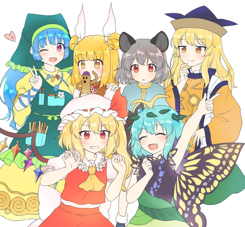 6+girls animal_ears antennae apron aqua_hair arm_up ascot black_dress black_headwear blonde_hair blue_hair butterfly_wings caramell0501 clenched_teeth closed_eyes closed_mouth collared_shirt constellation_print crystal double_bun dress eternity_larva eyebrows_visible_through_hair fairy flandre_scarlet flower green_apron green_dress green_headwear grey_hair hair_between_eyes hair_ribbon haniwa_(statue) haniyasushin_keiki hat head_scarf heart highres index_finger_raised jewelry joutouguu_mayumi leaf leaf_on_head long_hair magatama magatama_necklace matara_okina mob_cap mouse_ears multicolored_clothes multicolored_dress multiple_girls nazrin necklace one_eye_closed one_side_up open_mouth orange_sleeves pendant pink_eyes red_eyes red_skirt red_vest ribbon shirt short_hair short_sleeves simple_background single_strap skirt smile tabard teeth touhou v vest white_background white_flower white_headwear white_ribbon white_shirt wide_sleeves wings yellow_ascot yellow_dress yellow_eyes