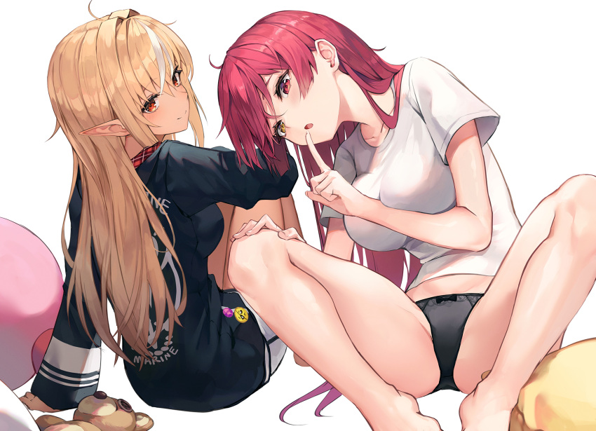 2girls bangs barefoot black_panties blonde_hair bow bow_panties breasts closed_mouth clothes_writing collarbone cosplay dark-skinned_female dark_skin eyelashes from_behind hair_between_eyes hand_on_own_knee heterochromia highres hololive houshou_marine houshou_marine_(cosplay) index_finger_raised knees_up large_breasts light_smile long_hair looking_at_viewer looking_back multicolored_hair multiple_girls myung_yi no_pants panties plaid pointy_ears red_eyes redhead shiranui_flare shirt short_shorts short_sleeves shorts simple_background sitting spread_legs streaked_hair stuffed_toy symbol-only_commentary t-shirt thighs underwear virtual_youtuber white_shirt yellow_eyes