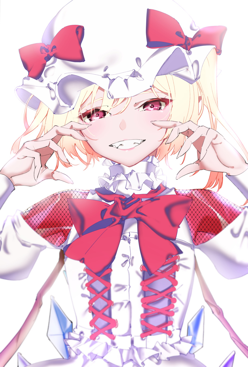 1girl absurdres alternate_costume blonde_hair bow cross-laced_clothes crystal dress flandre_scarlet frilled_dress frills grin highres mizoreshi one_side_up red_bow red_eyes short_hair smile solo touhou wings