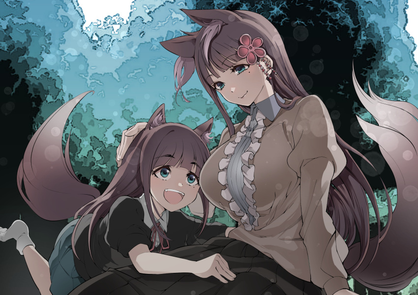 animal_ear_fluff animal_ears aqua_eyes bangs black_skirt blue_skirt blunt_bangs brown_hair closed_mouth commission eyebrows_visible_through_hair eyelashes forest fox_ears fox_girl fox_tail frills hair_ornament hand_on_another's_head highres long_hair long_skirt mole mole_under_eye mother_and_daughter nature open_mouth original outdoors pixiv_request puffy_sleeves red_ribbon ribbon sakayama_shinta sitting skirt smile socks tail teeth tongue upper_teeth watercolor_background