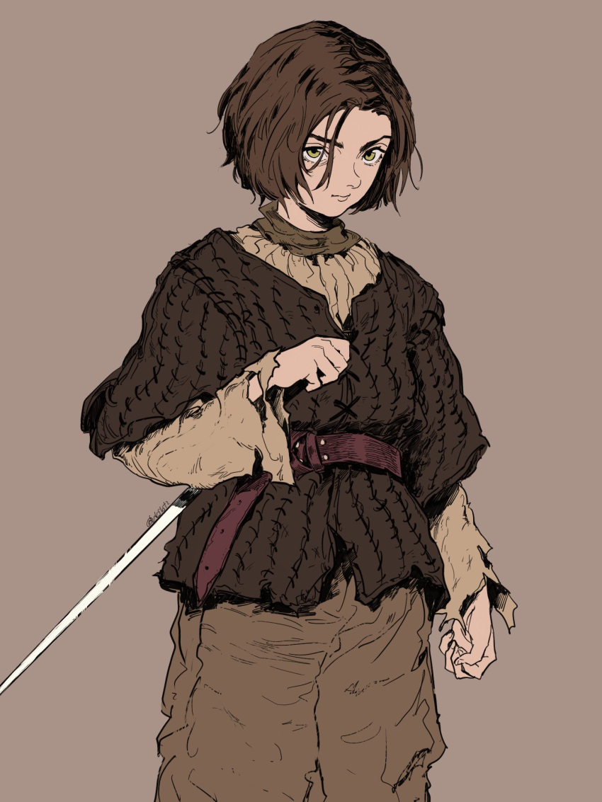 1boy beige_background belt brown_hair brown_theme closed_mouth fingernails fune_(nkjrs12) green_eyes hair_between_eyes hatching_(texture) highres looking_at_viewer male_focus original simple_background sketch solo sword torn torn_clothes twitter_username weapon