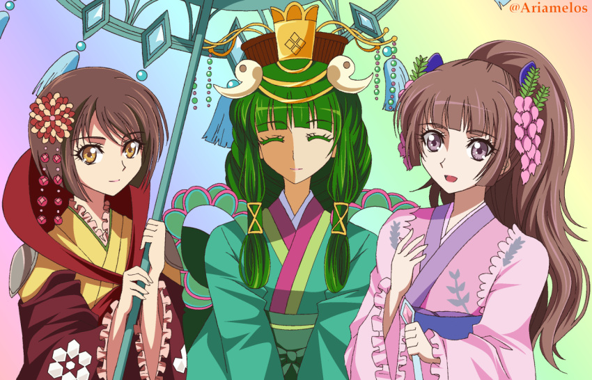 3girls ariamelos blush brown_hair duel_monster erica_the_rikka_fairy green_hair kanzashi_the_rikka_queen kimono kimono_skirt long_hair ponytail short_hair smile sylvan_princessprite twitter_username yu-gi-oh! yuu-gi-ou