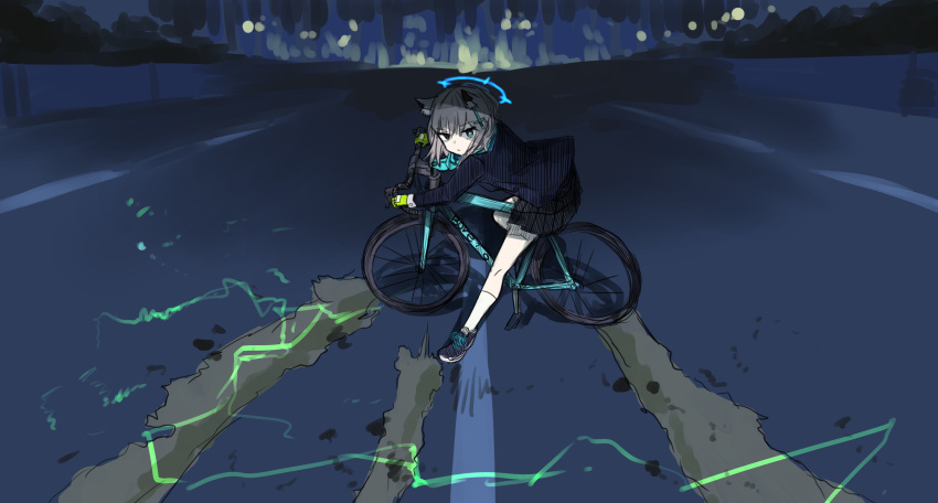 1girl absurdres aimpoleume akira akira_slide animal_ear_fluff animal_ears bangs bicycle blue_archive blue_eyes blue_jacket blue_scarf breaking cat_ears city cross_hair_ornament eyebrows_visible_through_hair full_body gloves green_gloves grey_hair ground_vehicle hair_ornament halo highres jacket kneehighs long_sleeves looking_at_viewer medium_hair night parody pleated_skirt riding_bicycle scarf school_uniform shiroko_(blue_archive) shirt shoes skirt sneakers solo white_legwear white_shirt