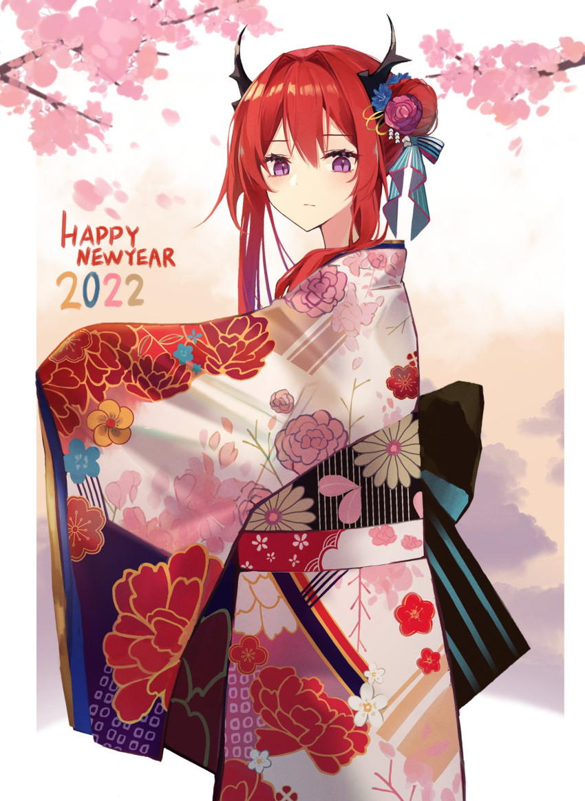 1girl alternate_costume alternate_hairstyle arknights back_bow black_bow blush bow cherry_blossoms closed_mouth cowboy_shot floral_print flower from_side gradient gradient_background hair_bun hair_flower hair_ornament happy_new_year highres horns japanese_clothes kimono kokao358 long_sleeves looking_at_viewer looking_to_the_side multicolored_clothes multicolored_kimono new_year obi orange_background print_kimono purple_flower redhead sash side_bun sidelocks solo surtr_(arknights) violet_eyes wide_sleeves yukata