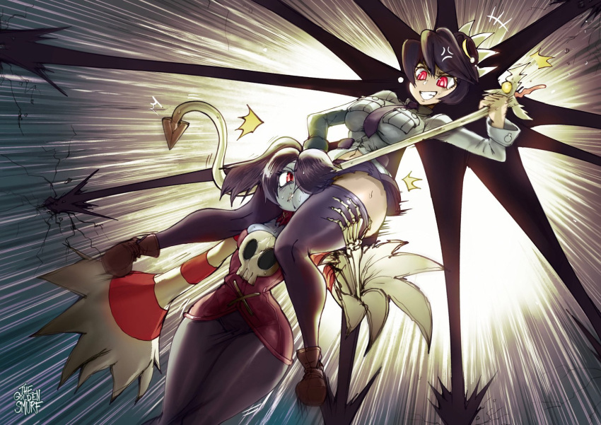 2girls battle black_legwear black_necktie black_skirt blue_hair blue_skin breasts brown_footwear closed_eyes colored_sclera colored_skin corset fighting filia_(skullgirls) flat_color futakuchi-onna grey_background hair_over_one_eye head_between_thighs highres large_breasts leviathan_(skullgirls) long_hair multiple_girls necktie neckwear_request one-eyed red_eyes samson_(skullgirls) school_uniform sharp_teeth shirt shoes skeletal_hand skirt skullgirls smile squigly_(skullgirls) stitched_mouth stitches striped striped_sleeves teeth the_golden_smurf thigh-highs thighs tongue tongue_grab tongue_out twitter_username white_shirt yellow_sclera zombie