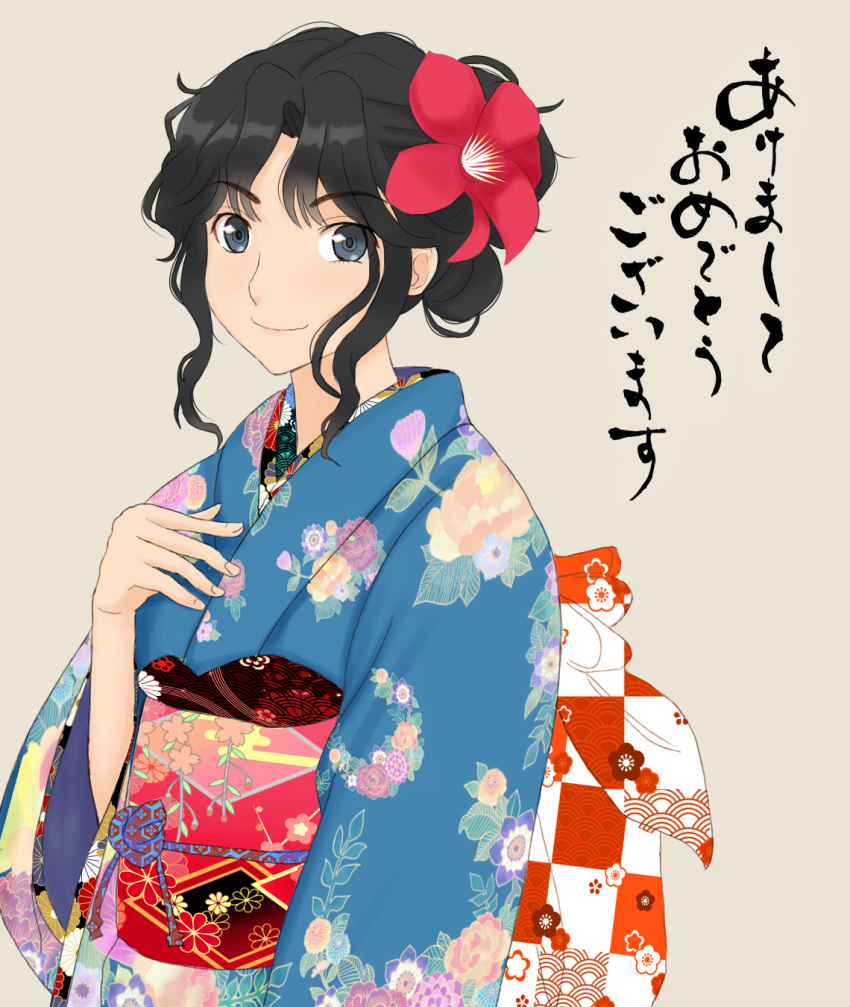 1girl alternate_costume amagami black_hair closed_mouth commentary_request eyebrows_visible_through_hair flower hair_flower hair_intakes hair_ornament happy_new_year highres long_hair long_sleeves looking_at_viewer messy_hair new_year smile solo takemi_kaoru tanamachi_kaoru translation_request wavy_hair