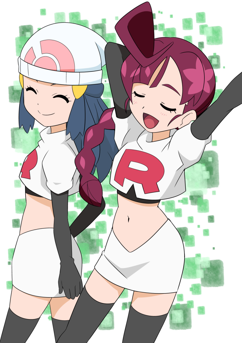 2girls :d arm_behind_head arm_up beanie blush boots braid braided_ponytail chloe_(pokemon) closed_eyes closed_mouth commentary_request cosplay cropped_jacket eyelashes hainchu hair_ornament hairclip hat highres hikari_(pokemon) jacket jessie_(pokemon) jessie_(pokemon)_(cosplay) logo long_hair multiple_girls open_mouth pokemon pokemon_(anime) pokemon_swsh_(anime) skirt smile split_mouth team_rocket team_rocket_uniform thigh-highs thigh_boots tongue white_headwear white_jacket white_skirt