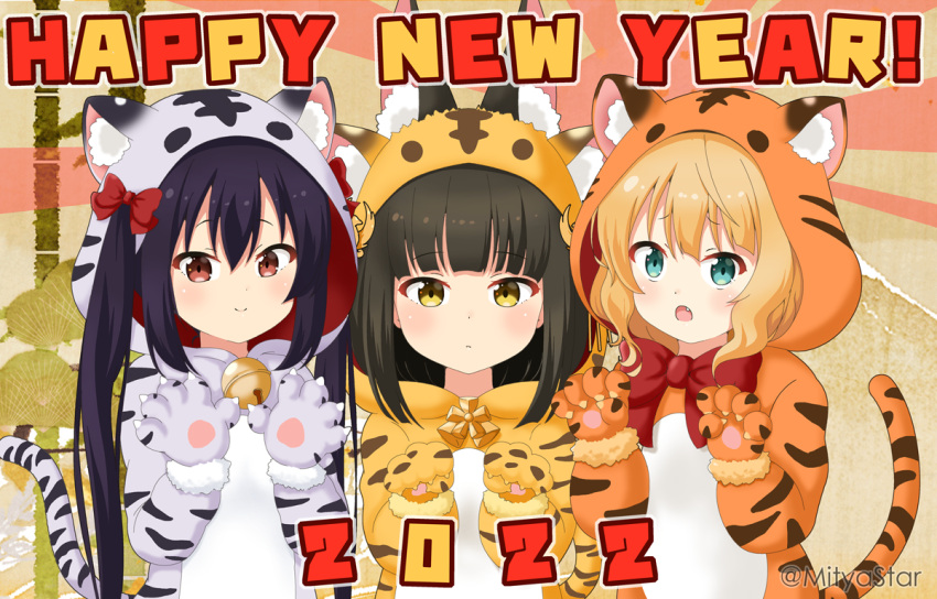 2022 3girls animal_costume animal_ear_fluff animal_ears animal_hands animal_print aqua_eyes azur_lane bangs bell black_hair blonde_hair blunt_bangs blush brown_eyes chinese_zodiac closed_mouth commentary_request eyebrows_visible_through_hair fang gochuumon_wa_usagi_desu_ka? happy_new_year hood hood_up k-on! kirima_sharo long_hair looking_at_viewer medium_hair mitya multiple_girls nagato_(azur_lane) nakano_azusa neck_bell neck_ribbon new_year open_mouth red_ribbon ribbon smile tail tiger_costume tiger_ears tiger_paws tiger_print tiger_tail twintails twitter_username wavy_hair year_of_the_tiger yellow_eyes