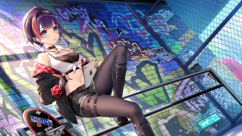 1girl artist_request belt black_hairband black_legwear boots breasts choker earrings garter_belt garter_straps garters girl_cafe_gun gloves hair_ornament hairband highres ipad jacket jewelry knee_boots leather leather_gloves looking_at_viewer medium_breasts navel necklace pantyhose purple_hair shi_wuyou shoes short_hair shorts skateboard solo solo_focus stomach tablet_pc torn_clothes yellow_eyes