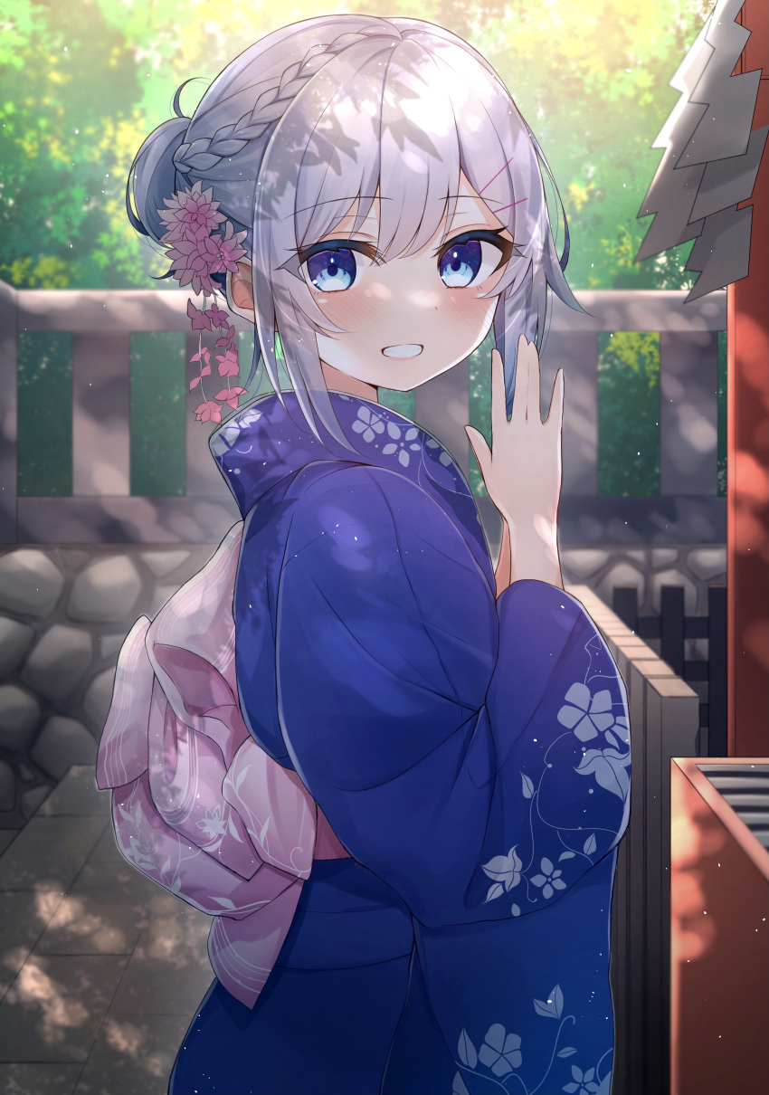 1girl absurdres bangs blue_eyes blue_kimono blush braid commentary_request day eyebrows_visible_through_hair floral_print flower from_side grey_hair grin hair_between_eyes hair_flower hair_ornament hairclip hands_up highres himemiya_shuang japanese_clothes kimono long_sleeves looking_at_viewer looking_to_the_side obi original outdoors palms_together pink_flower ponytail print_kimono sash sidelocks smile solo wide_sleeves