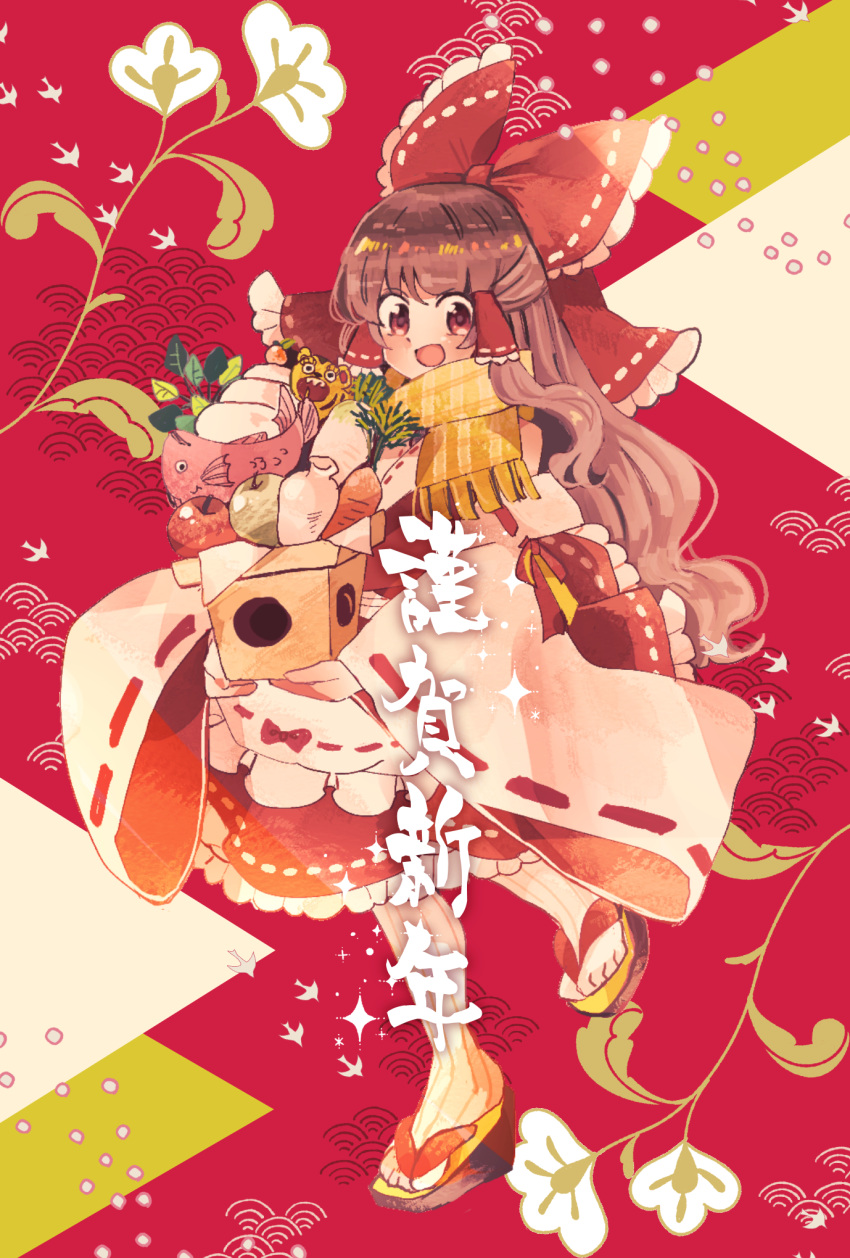 1girl bangs bow brown_hair detached_sleeves hair_bow hair_tubes hakurei_reimu highres long_hair open_mouth ratto_(mobilis_1870) red_background red_bow red_eyes red_shirt red_skirt ribbon-trimmed_sleeves ribbon_trim scarf shirt sidelocks skirt skirt_set sleeveless solo touhou yellow_scarf