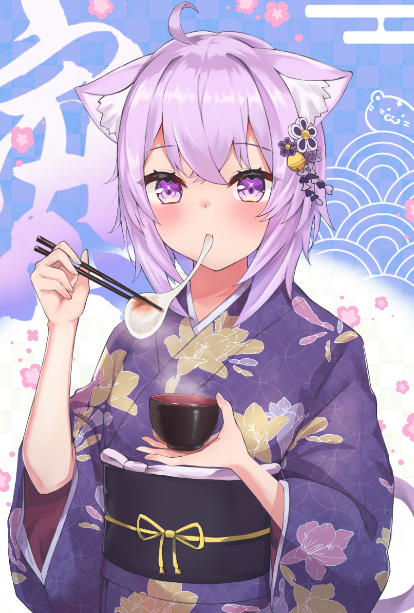 1girl absurdres ahoge animal_ear_fluff animal_ears ayama_nano bangs bell blush bowl cat_ears cat_girl cat_tail chopsticks commentary_request eating eyebrows_visible_through_hair floral_print flower food_in_mouth hair_bell hair_flower hair_ornament highres holding holding_bowl holding_chopsticks hololive japanese_clothes jingle_bell kimono long_sleeves looking_at_viewer medium_hair mochi mochi_trail nekomata_okayu obi print_kimono purple_hair purple_kimono sash solo tail upper_body violet_eyes virtual_youtuber