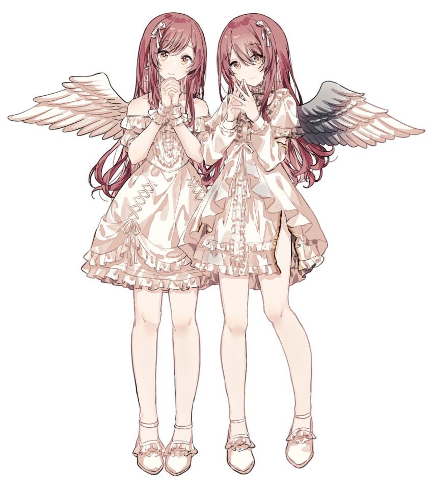 2girls absurdres bangs bare_legs bare_shoulders black_wings burnt_clothes closed_mouth cross-laced_clothes detached_sleeves dress earrings feathered_wings fingers_together frilled_dress frilled_footwear frills full_body gocoli hair_ribbon hands_up highres idolmaster idolmaster_shiny_colors interlocked_fingers jewelry long_hair long_sleeves looking_at_viewer multicolored_wings multiple_girls off-shoulder_dress off_shoulder oosaki_amana oosaki_tenka own_hands_clasped own_hands_together praying redhead ribbon shoes short_sleeves siblings side_slit single_wing sisters smile standing swept_bangs twins very_long_hair w_arms white_dress white_footwear white_wings wings wrist_cuffs yellow_eyes