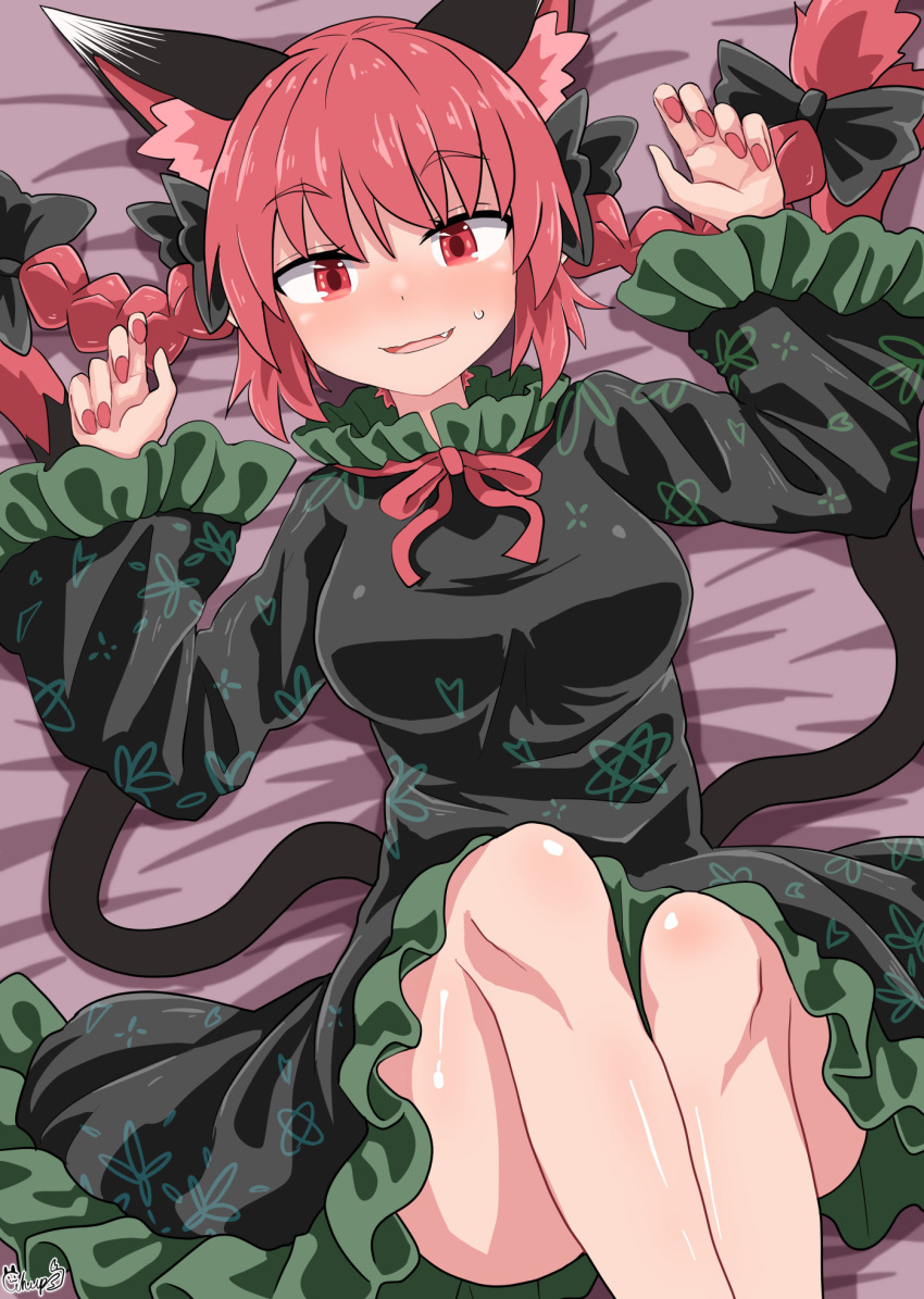 1girl animal_ears bangs black_bow black_dress blush bow braid breasts cat_ears cat_tail chups dress extra_ears eyebrows_visible_through_hair fang feet_out_of_frame hair_bow highres kaenbyou_rin long_sleeves looking_at_viewer lying medium_hair multiple_tails nekomata on_back on_bed open_mouth red_eyes red_nails redhead side_braids smile solo sweatdrop tail touhou twin_braids two_tails wide_sleeves