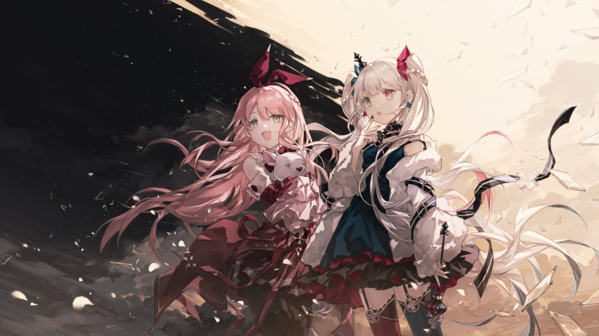 2girls :d :o absurdres animal_ears arcaea blue_dress blue_eyes character_request coat commentary cowboy_shot dress earrings eyebrows_visible_through_hair finger_to_mouth fur-trimmed_coat fur_trim glass_shards green_eyes hair_between_eyes hairband heterochromia highres jewelry light_blush long_hair mechari multicolored_nails multiple_girls o-ring official_art petals pink_hair rabbit_ears red_dress red_eyes scenery scrunchie sleeveless sleeveless_dress smile standing stuffed_toy sunlight twintails two-tone_background white_hair
