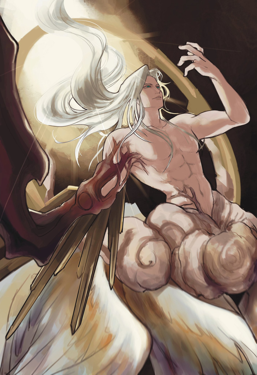 1boy abs collarbone final_fantasy final_fantasy_vii floating floating_hair green_eyes halo highres light_rays long_hair looking_at_hand male_focus multiple_wings navel organic parted_lips sephiroth solo topless_male tyt_tham veins white_hair wings