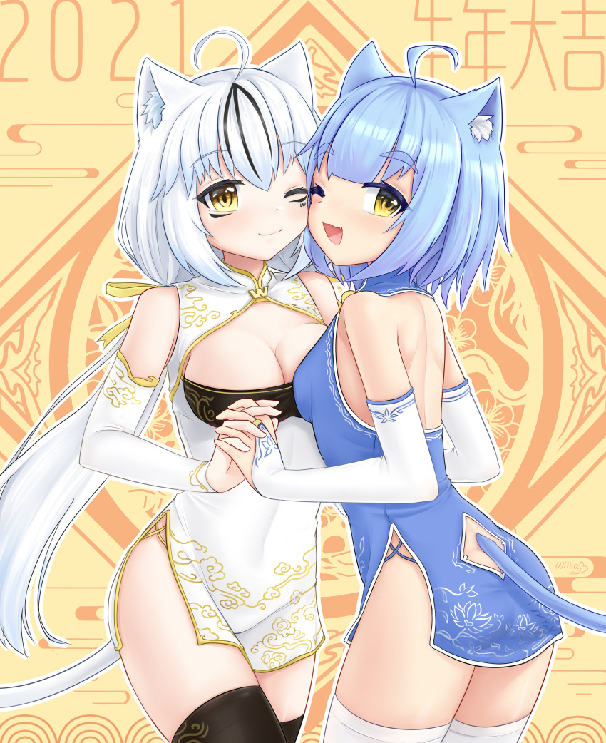 2021 2girls absurdres ahoge animal_ear_fluff animal_ears atlanta_(warship_girls_r) bare_shoulders black_legwear blue_dress blue_hair breasts cat_ears cat_girl cat_tail character_request china_dress chinese_clothes cleavage_cutout clothing_cutout dress happy_new_year highres looking_back multiple_girls new_year tail thigh-highs warship_girls_r white_dress white_hair white_legwear william.b yellow_eyes