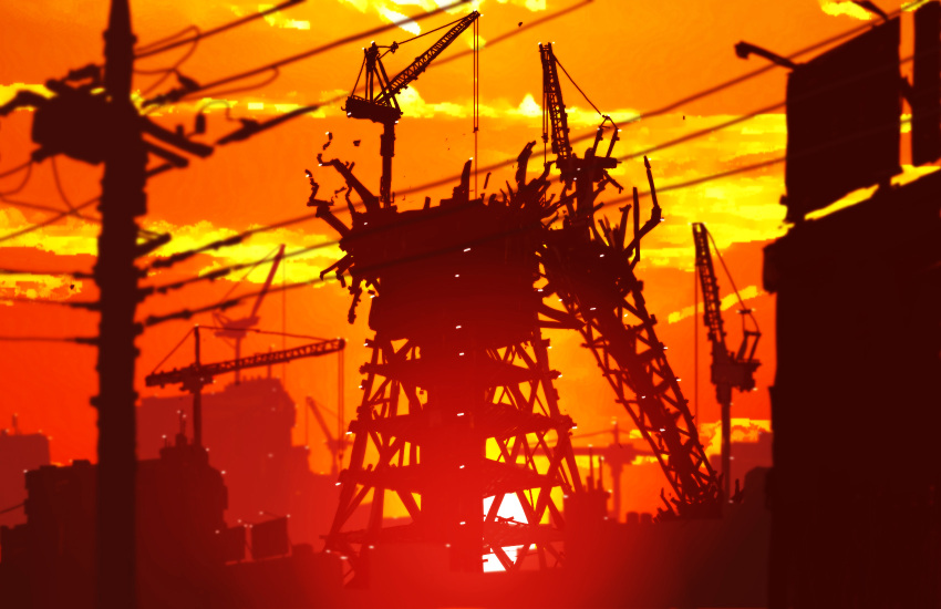 crane czn highres power_lines realistic silhouette sky telephone_pole tokyo_tower twilight