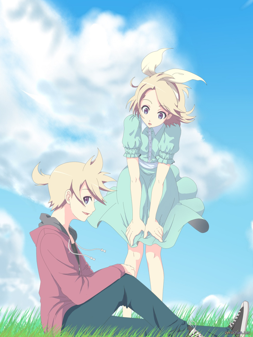 aqua_eyes blonde_hair brother_and_sister clouds dress grass hair_ribbon hands_on_knees highres hoodie kagamine_len kagamine_rin leaning_forward open_mouth ponytail ribbon short_hair siblings sitting skirt sky smile twins vocaloid windy