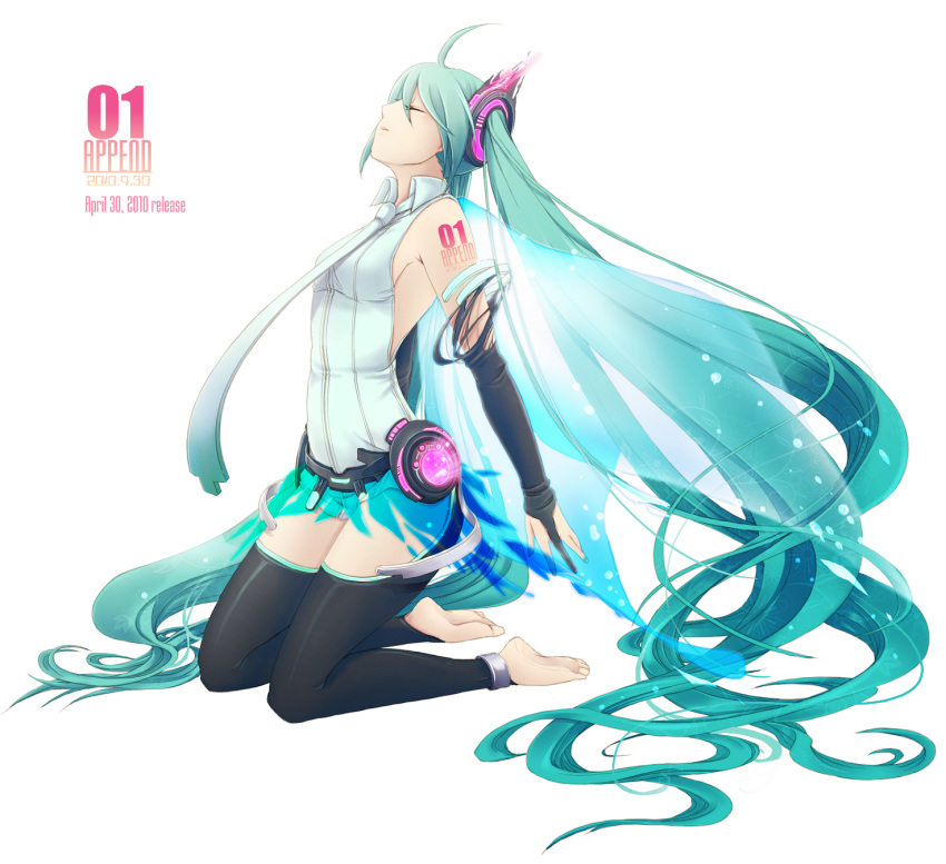 anklet aqua_hair barefoot bridal_gauntlets closed_eyes feet hatsune_miku hatsune_miku_(append) highres jewelry kneeling long_hair mashibaya miku_append necktie thigh-highs thighhighs toeless_socks twintails very_long_hair vocaloid vocaloid_append wings