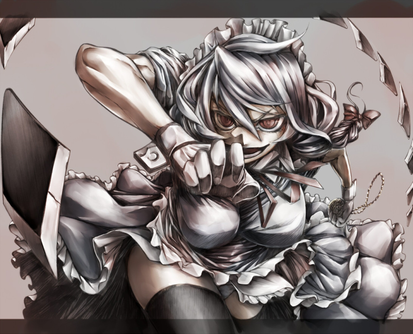 bow braid breasts crazy_eyes gloves izayoi_sakuya large_breasts maid maid_headdress matsutake_umeo panties pantyshot red_eyes ribbon short_hair silver_hair skirt solo thigh-highs thighhighs touhou underwear wrist_cuffs