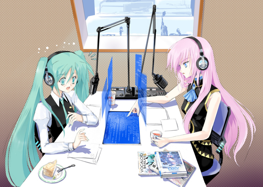 book cake cup food fork hatsune_miku headphones holographic_interface jajanuba long_hair megurine_luka microphone monitor multiple_girls necktie paper pastry pixiv pointing radio_booth studio_microphone teacup twintails vocaloid