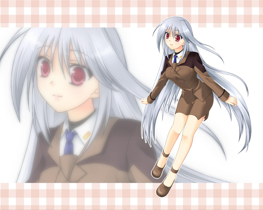 long_hair mahou_shoujo_lyrical_nanoha mahou_shoujo_lyrical_nanoha_a's mahou_shoujo_lyrical_nanoha_a's military military_uniform necktie red_eyes reinforce silver_hair skirt solo source_request uniform very_long_hair zoom_layer