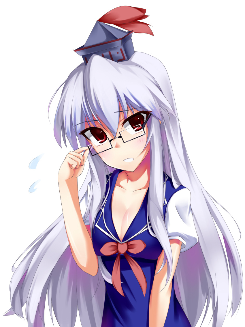 adjusting_glasses bad_id ban_(bannyata) bespectacled breasts glasses grey_hair hat highres kamishirasawa_keine long_hair red_eyes sweatdrop touhou