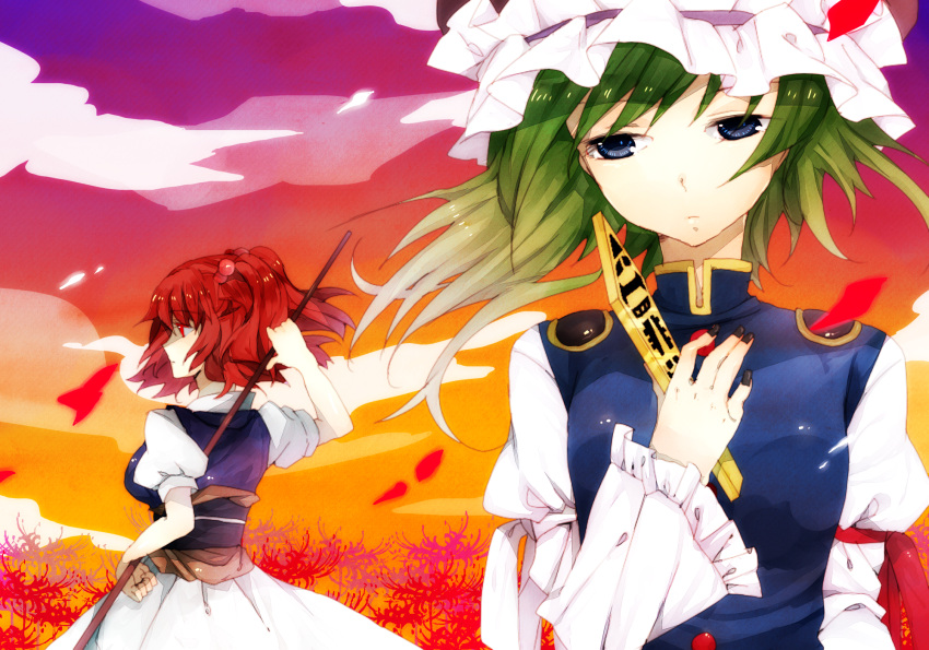 blue_eyes donacoo green_hair hair_bobbles hair_ornament hat highres multiple_girls onozuka_komachi red_eyes red_hair redhead rod_of_remorse shikieiki_yamaxanadu short_hair touhou twintails