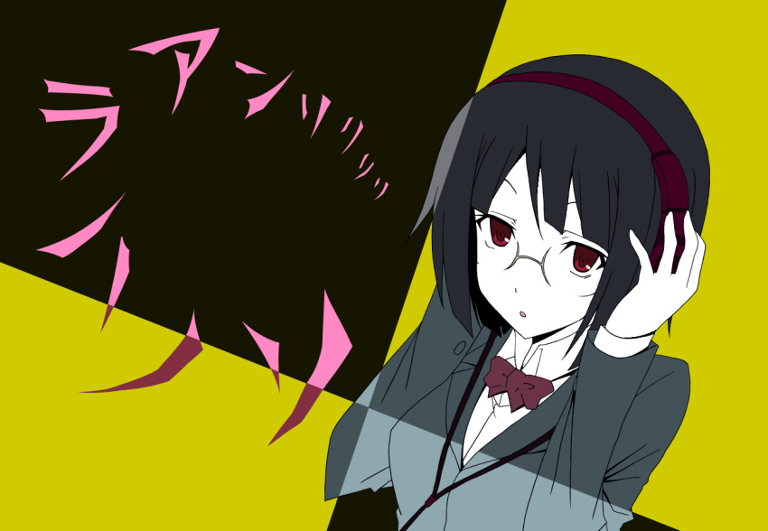 black_hair bob_cut breasts durarara!! glasses headphones moccossact red_eyes school_uniform short_hair solo sonohara_anri