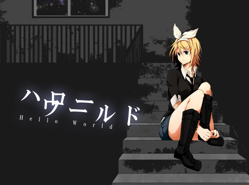 bad_id blonde_hair boots hair_ornament hair_ribbon hairclip hatsuko kagamine_rin necktie ribbon short_hair sitting solo stairs vocaloid