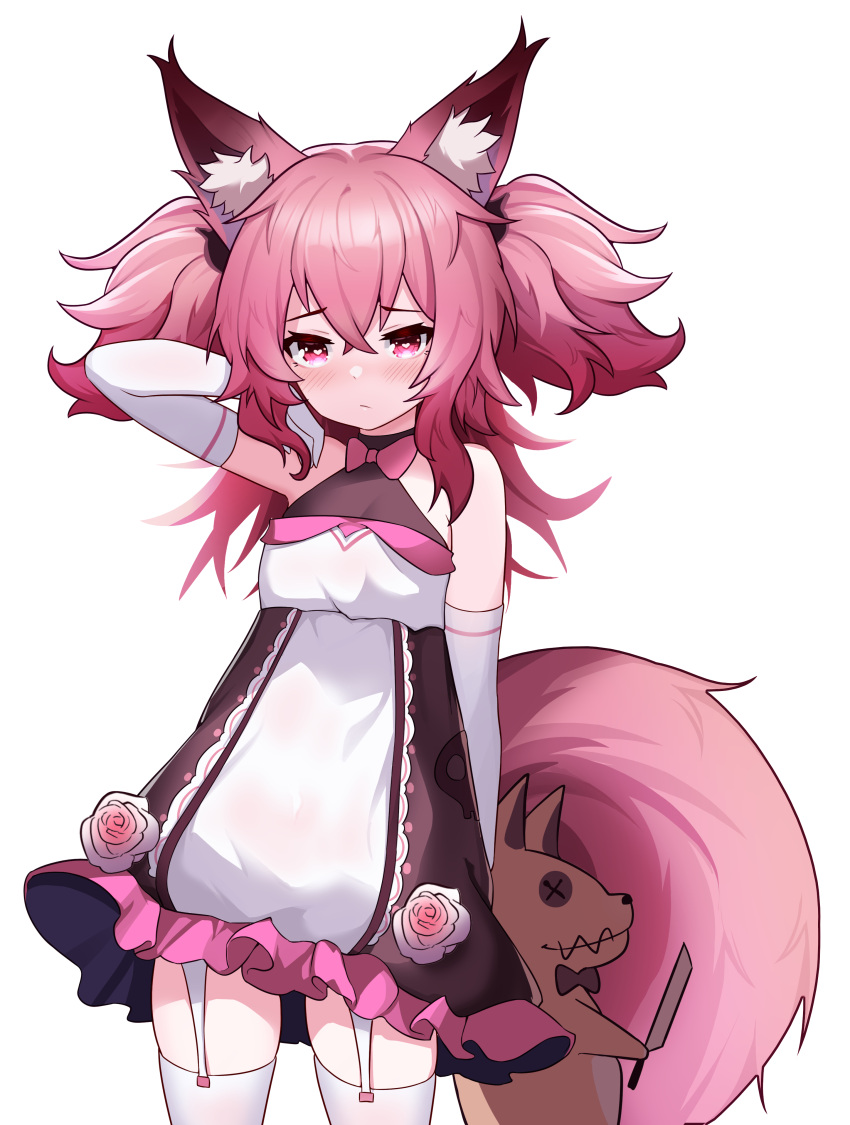 1girl absurdres adapted_costume animal_ear_fluff animal_ears arknights arm_up blush closed_mouth ddddecade doll dress flower fox_ears fox_tail frilled_dress frills garter_straps gloves hand_in_hair heart heart-shaped_pupils highres holding holding_doll long_hair looking_at_viewer morti_(arknights) multicolored_clothes multicolored_dress multicolored_hair pink_eyes pink_flower pink_hair pink_rose pointy_ears rose shamare_(arknights) sleeveless sleeveless_dress solo symbol-shaped_pupils tail thigh-highs two-tone_hair white_gloves white_legwear zettai_ryouiki