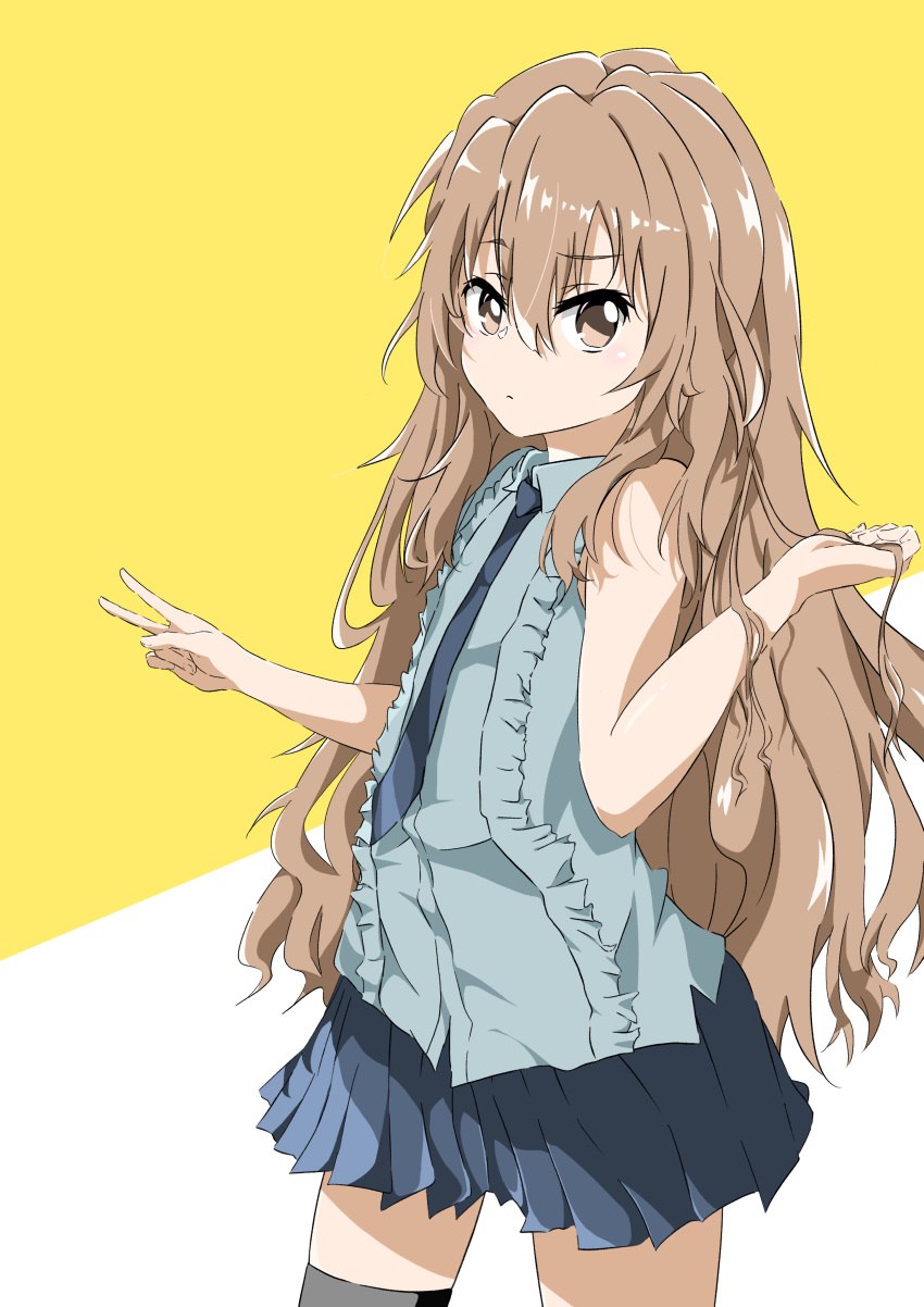 1girl absurdres aisaka_taiga artist_request bangs bare_shoulders black_legwear black_necktie blue_shirt blue_skirt brown_eyes brown_hair closed_mouth commentary_request cowboy_shot eyebrows_visible_through_hair frilled_shirt frills hair_between_eyes hands_up highres holding holding_hair long_hair looking_at_viewer necktie shirt skirt sleeveless sleeveless_shirt solo standing thigh-highs toradora! two-tone_background v white_background yellow_background zettai_ryouiki
