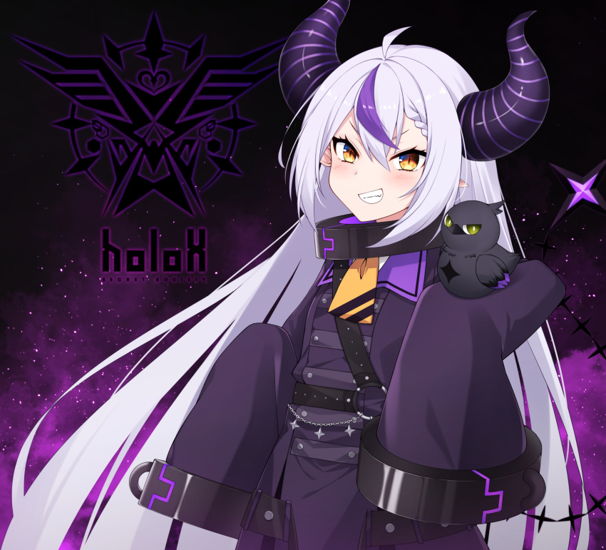 1girl ahoge bangs belt bird collar commentary crow_(la+_darknesss) grin hair_between_eyes healther highres hololive horns la+_darknesss long_hair looking_at_viewer metal_collar multicolored_hair o-ring pointy_ears purple_hair sleeves_past_fingers sleeves_past_wrists smile solo streaked_hair tail two-tone_hair v-shaped_eyebrows very_long_hair very_long_sleeves virtual_youtuber white_hair yellow_eyes