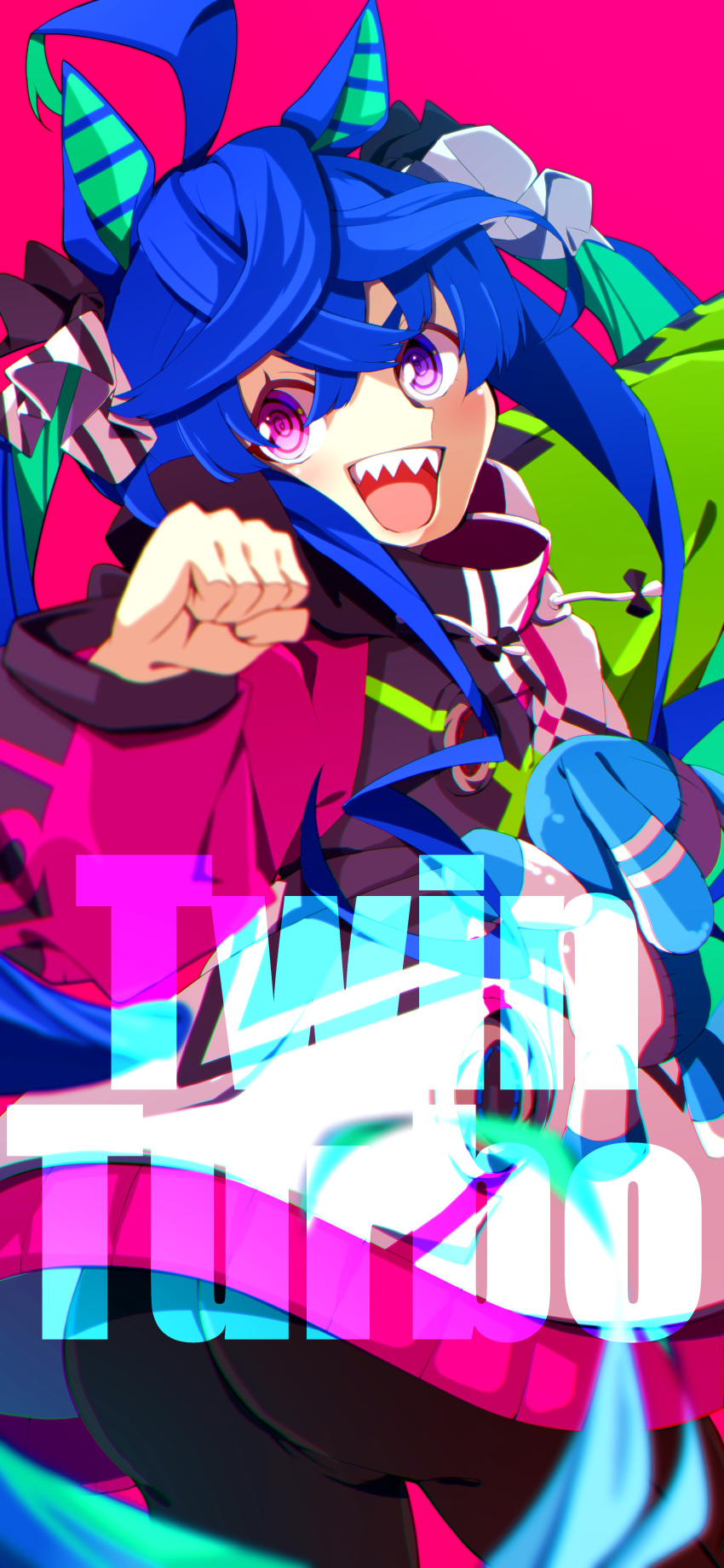 1girl :d @_@ absurdres ahoge animal_ears aqua_hair ass bangs blue_hair character_name crossed_bangs drawstring hand_up heterochromia highres horse_ears horse_girl horse_tail long_sleeves multicolored_hair open_mouth pakotaroh pink_background pink_eyes sharp_teeth simple_background smile solo stuffed_animal stuffed_bunny stuffed_toy tail teeth twin_turbo_(umamusume) twintails two-tone_hair umamusume violet_eyes