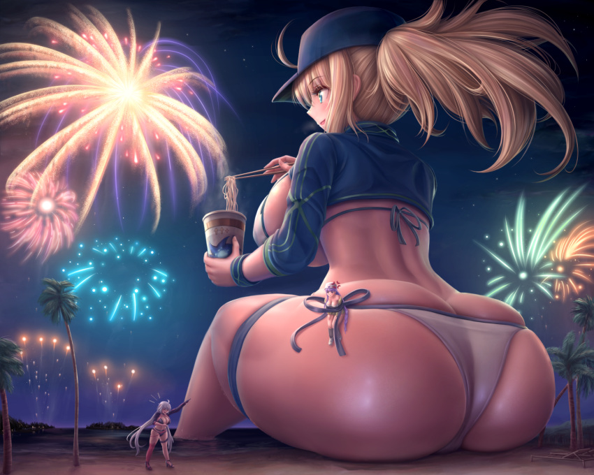 3girls anger_vein annoyed artoria_pendragon_(fate) ass bb_(fate) bb_(swimsuit_mooncancer)_(fate) beach bikini black_bikini blonde_hair blue_eyes blue_headwear boots bound braid braided_ponytail breasts chair chopsticks closed_eyes commentary_request cup eating fate/grand_order fate_(series) fireworks food giant giantess hat high_heels highres huge_ass jacket jeanne_d'arc_(alter_swimsuit_berserker)_(fate) jeanne_d'arc_(fate) large_breasts laughing lounge_chair multiple_girls mysterious_heroine_xx_(fate) night night_sky noodles open_mouth palm_tree partial_commentary pointing ponytail purple_hair shore shrug_(clothing) sitting size_difference sky smile soaking_feet star_(sky) steam swimsuit thigh_strap tree twintails water white_bikini white_footwear white_hair white_headwear wristband yellow_jacket zen-gts
