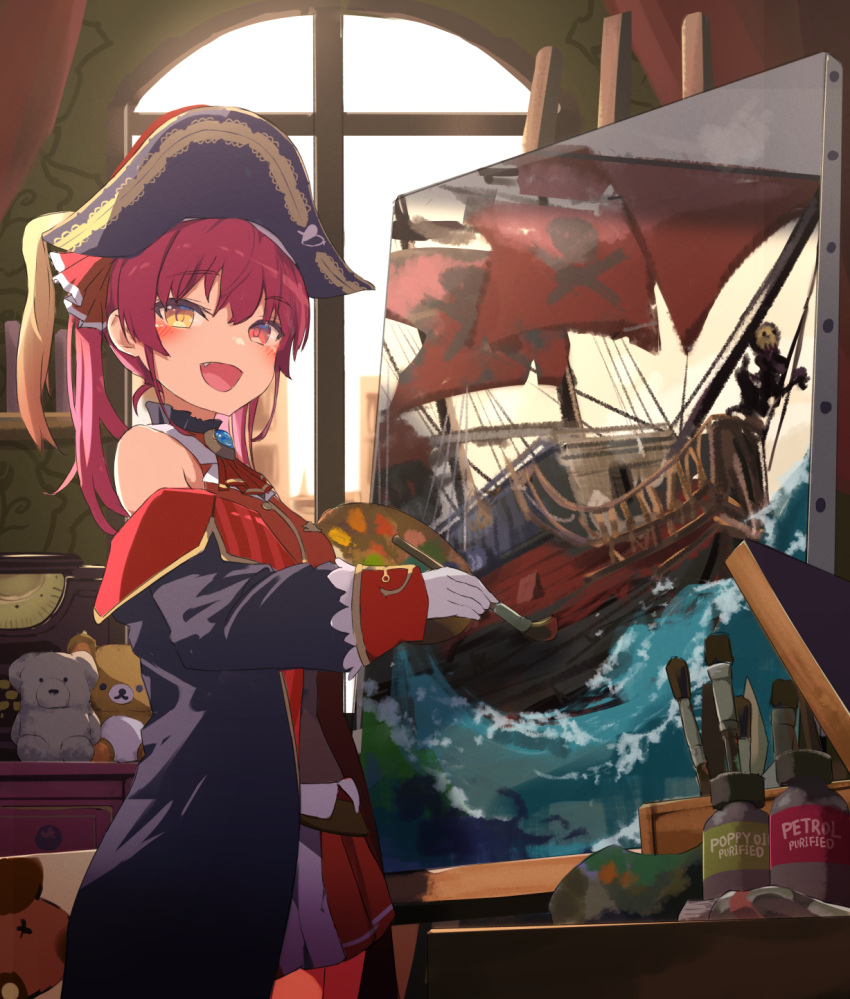 1girl bangs bare_shoulders blush canvas_(object) commentary cowboy_shot eyebrows_visible_through_hair hair_between_eyes hair_ribbon hat heterochromia highres holding holding_paintbrush hololive houshou_marine long_hair long_sleeves off_shoulder open_mouth paintbrush painting pirate_costume pirate_hat pirate_ship red_eyes red_ribbon redhead remini_(scenceremini) revision ribbon smile solo standing stuffed_toy virtual_youtuber yellow_eyes