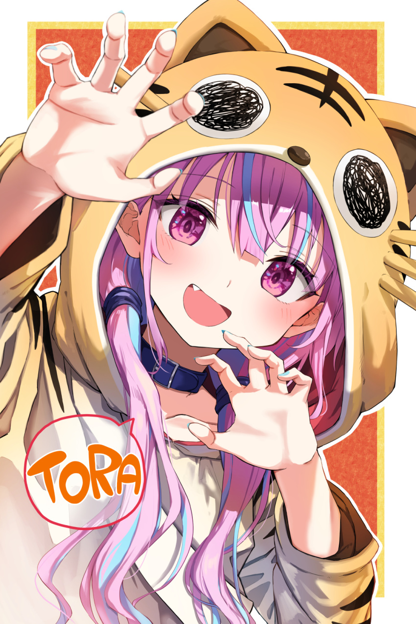 1girl :d animal_costume animal_hood animal_print arm_up bangs blue_collar blue_hair blue_nails blush claw_pose collar commentary_request eyebrows_visible_through_hair fang hair_between_eyes hair_over_shoulder hair_tie hand_up highres hololive hood long_hair long_sleeves looking_at_viewer minato_aqua multicolored_hair nail_polish purple_hair smile solo speech_bubble streaked_hair summer_tail720 tiger_costume tiger_hood tiger_print upper_body violet_eyes virtual_youtuber