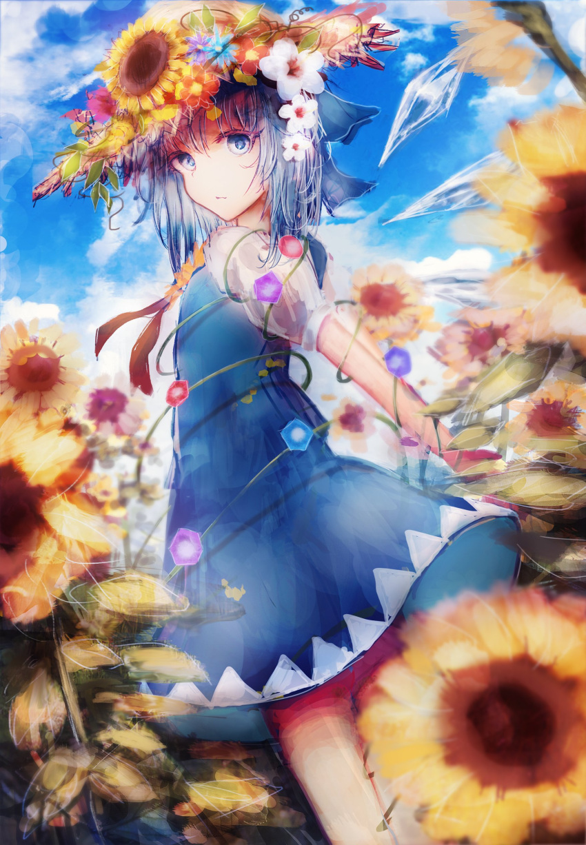 1girl :/ absurdres arm_at_side bangs blue_dress blue_eyes blue_hair blue_sky blush cirno closed_mouth clouds commentary_request day dress expressionless eyelashes feet_out_of_frame field flat_chest flower flower_field garden_of_the_sun hat hat_flower highres ice ice_wings leaf looking_at_viewer outdoors petals pinafore_dress pink_flower plant puffy_short_sleeves puffy_sleeves ribbon short_hair short_sleeves sky solo standing straw_hat sunflower tonan_(l0l0l0l0l0l) touhou vines white_flower wings yellow_flower yellow_ribbon