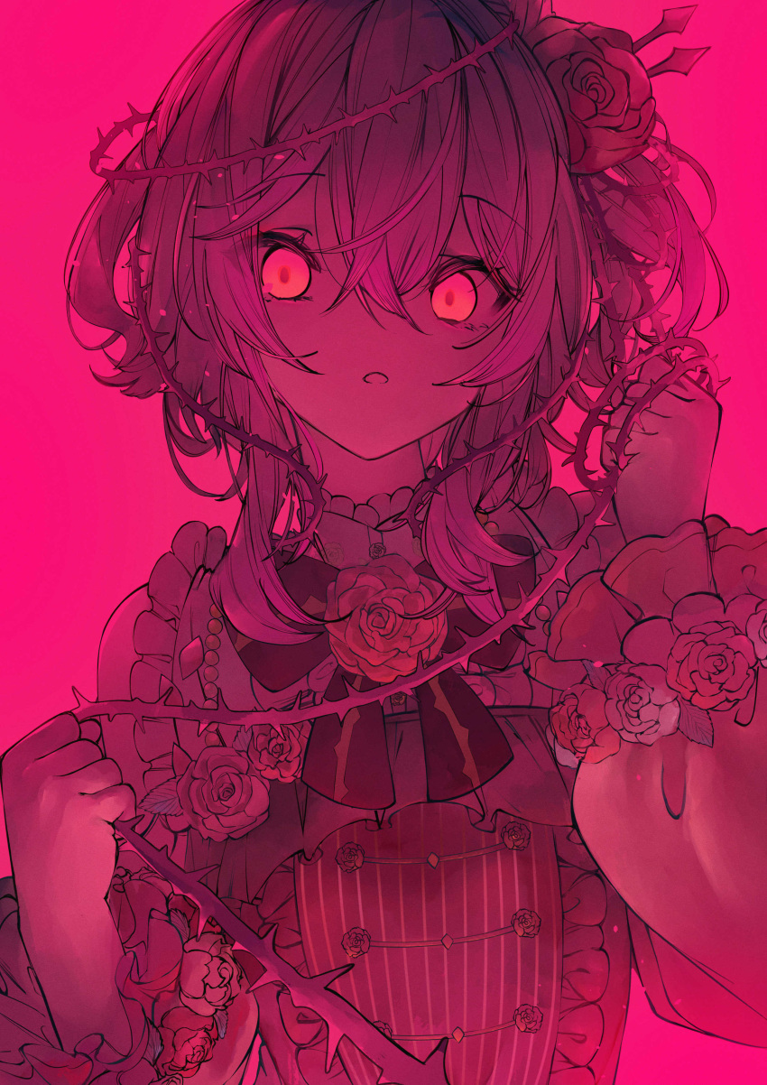 1girl absurdres bare_shoulders betabeet bow bowtie buttons clothing_cutout double-breasted dress eyebrows_visible_through_hair eyelashes flower glowing glowing_eyes grabbing hair_flower hair_ornament highres lazulight looking_at_viewer medium_hair monochrome nijisanji nijisanji_en plant red_background red_dress red_flower red_rose red_theme rose rosemi_lovelock short_sidetail shoulder_cutout solo thorns upper_body vines virtual_youtuber yandere