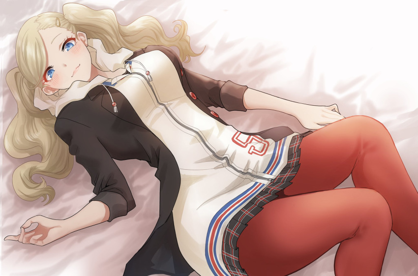 bed blonde_hair blue_eyes highres jacket kurosususu looking_at_viewer lying persona persona_5 red_legwear shuujin_academy_uniform smile takamaki_anne twintails